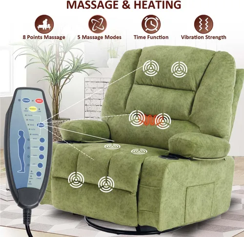Miniatura 3 de KCQ Silla reclinable giratoria de gran tamaño con portavasos de calor para masaje, sillas reclinables de tela con relleno para guardería, mecedora
