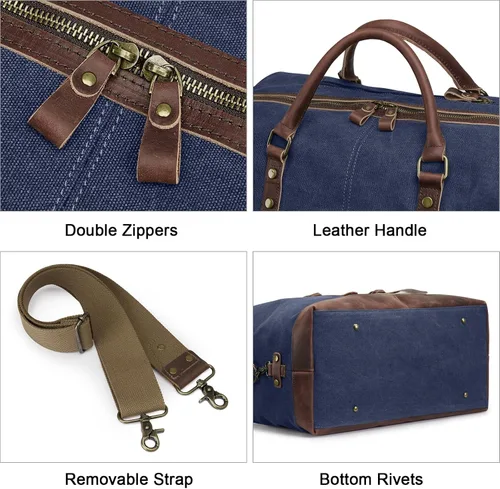Miniatura 36 de S-ZONE - Bolsa de viaje de lona sobredimensionada con adornos de cuero genuino, bolsa deportiva de hombro de fin de semana, bolso de fin de semana