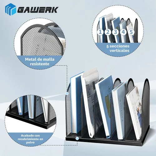 Miniatura 3 de Gawerk Organizador de escritorio vertical de 5 secciones, organizador de carpetas de malla de 5 secciones para oficina, hogar y aula (1, negro)