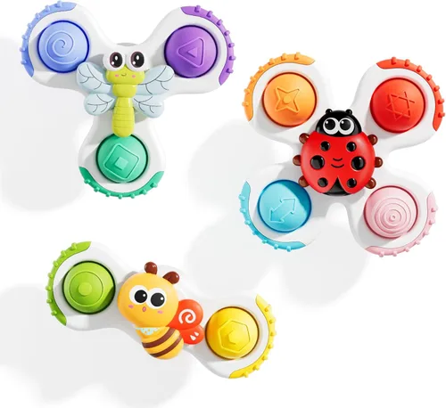ALASOU 3 piezas de juguetes sensoriales de viaje en avión con ventosa para niños de 1 año | Novedad Spinning Tops 12 18 meses | Regalo de cumpleaños