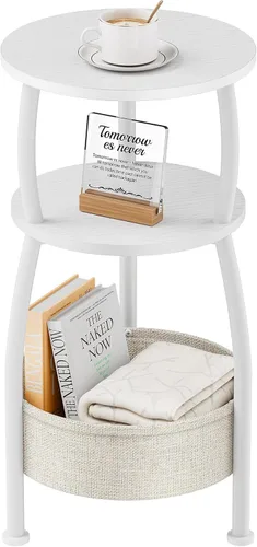 Miniatura 13 de Mesa auxiliar redonda para espacios pequeños con cesta de almacenamiento, mesa auxiliar pequeña de 3 niveles, mesa esquinera para sala de estar