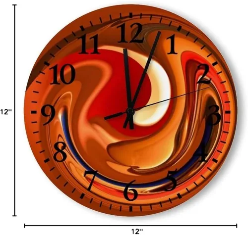 Miniatura 3 de Reloj de pared de madera, reloj de madera para sala de estar y dormitorio, diseño abstracto de color naranja quemado y rojo, funciona con pilas, 12