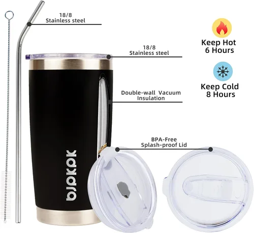 Miniatura 2 de BJPKPK - Vaso con aislamiento térmico de 20 onzas con tapa y pajilla, taza de café de acero inoxidable, color negro