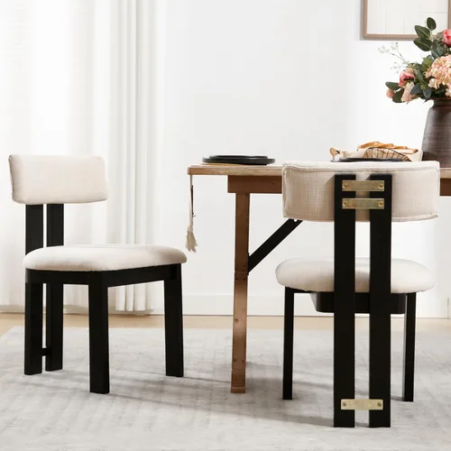 RIVOVA Juego de 2 Sillas de Comedor, Sillas de Comedor y Cocina Modernas Tapizadas en Lino con Respaldo Curvado y Patas de Madera Negra, Beige