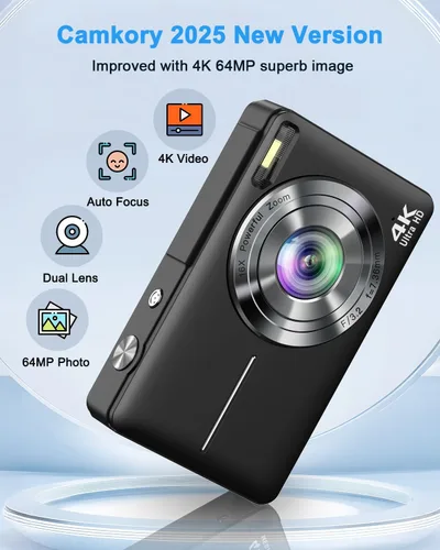 Miniatura 2 de Cámara digital 4K, cámara compacta de punto y disparo con enfoque automático, cámara dual, flash, zoom 16X, tarjeta de 32GB, cámaras de 64MP