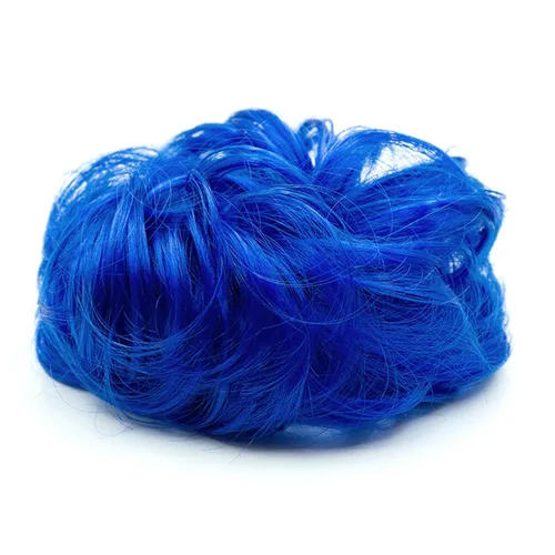 Miniatura 5 de Pieza de cabello de moño desordenado, piezas de cabello azul para mujeres y niñas, extensiones de cabello sintético ondulado y rizado, coletero