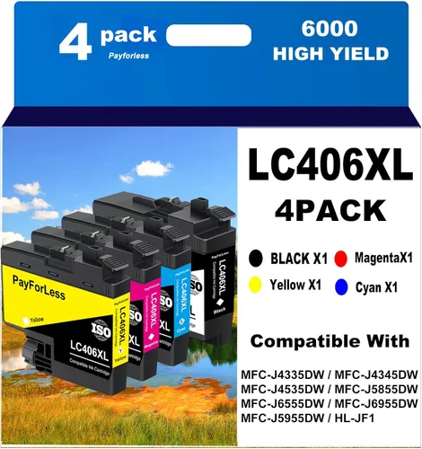 LC406XL - Cartuchos de tinta para impresora Brother MFC-J4335DW MFC-J4535DW MFC-J4535DW MFC-J5855DW MFC-J6555DW MFC-J6955DW, paquete de 4 unidades
