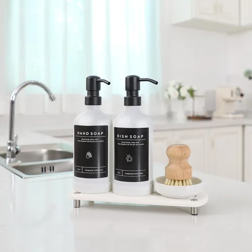 Miniatura 5 de Juego de dispensador de jabón de cocina de lujo - Botella de vidrio blanco de 16 onzas, bomba de acero inoxidable, bandeja de secado instantáneo