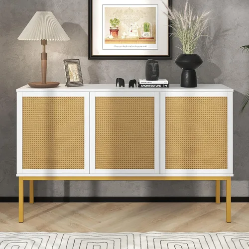Miniatura 12 de KLMM Armario de almacenamiento moderno con puerta de ratán y estantes ajustables, soporte de TV para televisores de hasta 55 pulgadas, mesa consola