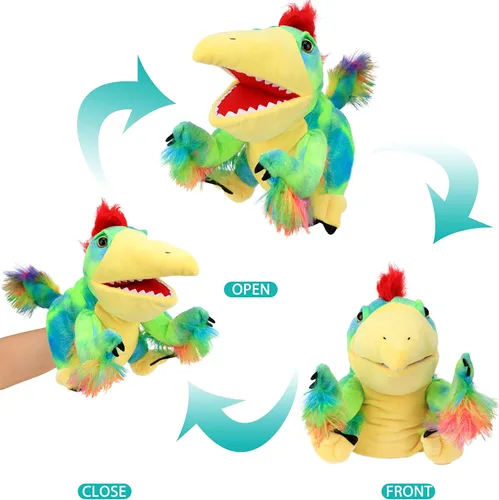 Miniatura 4 de Marioneta de mano de peluche de Caudipteryx, juguete de animal de peluche con boca móvil abierta, dinosaurio de peluche creativo para juego de rol