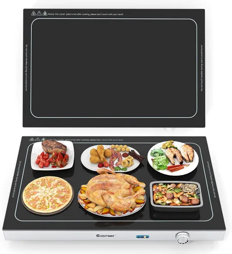 COSTWAY Bandeja de calentamiento eléctrica con temperatura ajustable y asas integradas, calentador de alimentos con tapa de vidrio templado con