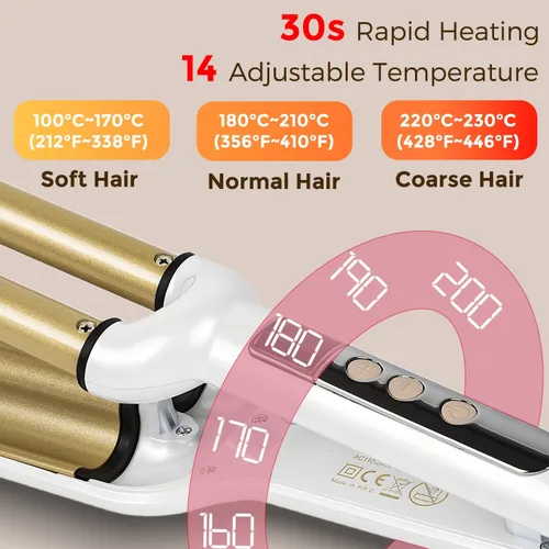 Miniatura 5 de Ondulador de pelo ondulado de 3/4 pulgadas, rizador de 3 barriles profundos, rizador de cerámica, temperatura ajustable, rizador de pelo ligero
