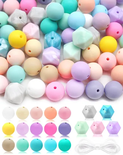 Miniatura 9 de 100 cuentas de lentejas de silicona de 0.47 pulgadas (0.472 in) de goma de ábaco espaciador suelto con cordón de 16.4 ft para pulseras, collares