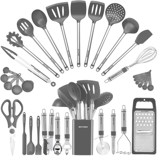 Juego de utensilios de cocina de silicona, 33 utensilios y cucharas antiadherentes, juego de espátulas de silicona y acero inoxidable, las mejores