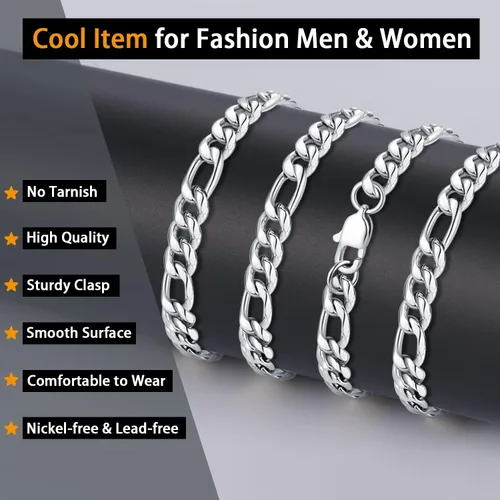 Miniatura 2 de Jewlpire Silver Chain Gold Chain for Men Boys, 14k Gold Plated Men's Necklaces Figaro Chain 5.5mm7mm Mens Chain 161820222426 inch