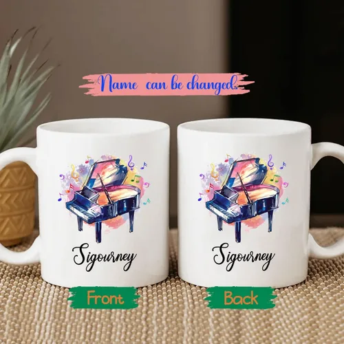 Miniatura 2 de Taza de café blanca con nombre personalizado para reproductor de piano, 11 y 15 onzas, taza de café con instrumento musical de piano, regalos