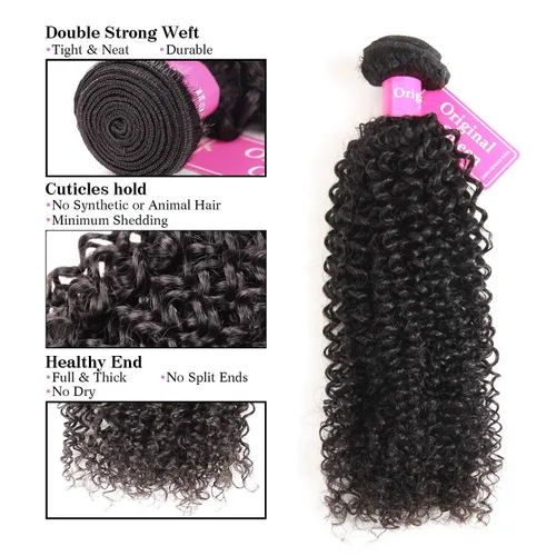 Miniatura 3 de Original Queen 100% Cabello Humano Brasilero Sin Procesar, Virgen, Rizado y Ondulado Tejido, 4 Paquetes de Extensiones de Cabello Rizado Profundo