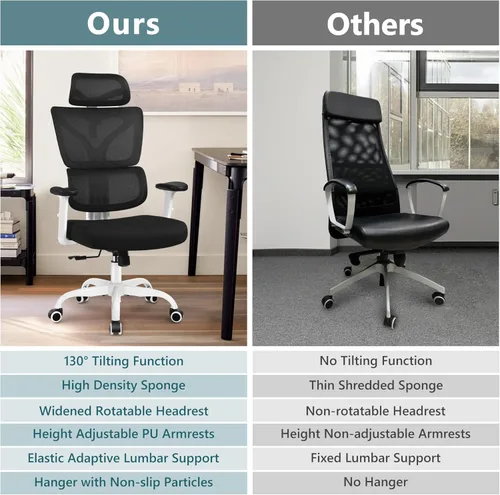 Miniatura 7 de Winrise Silla de oficina y juegos, silla de escritorio ergonómica reclinable con respaldo alto, grande y alta, cómoda oficina en casa, malla Blanco