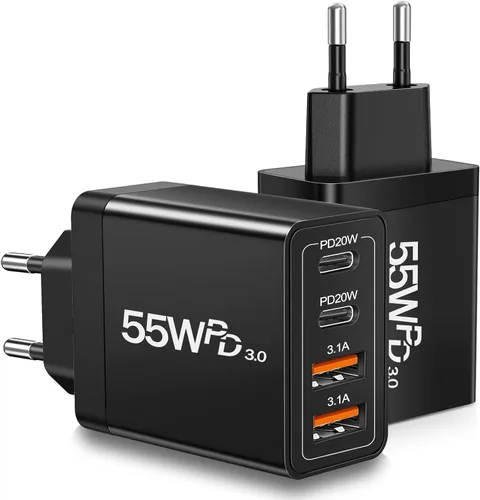 Adaptador de enchufe de viaje europeo de 55 W, paquete de 2 unidades, cargador USB C europeo de 4 puertos, cargador de pared tipo C, adaptador de