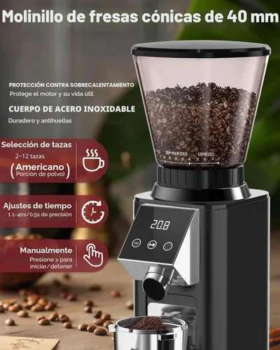 Miniatura 2 de Tuni G1 Molinillo de Café de Fresas Cónicas, 48 Configuraciones de Molienda, Molino de Fresas Antiestático, Temporizador Electrónico de Precisión