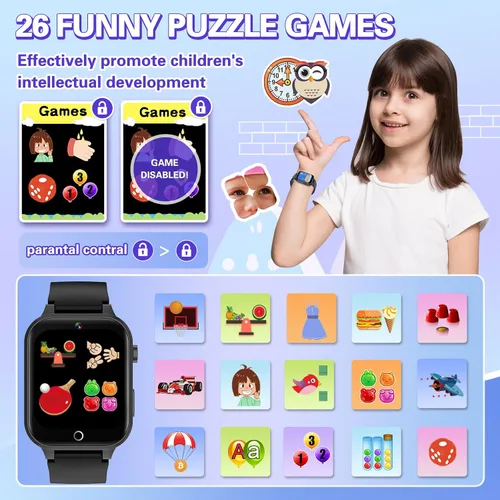 Miniatura 3 de Vakzovy Reloj Inteligente para Niños Varones con 26 Juegos de Rompecabezas Pantalla Táctil HD Cámara Podómetro Reproductor de Música Linterna