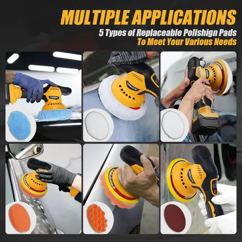 Miniatura 5 de Detalle y pulido de coche compatible con batería Dewalt de 20 V, pulidora de doble acción de 5500 RPM con 6 velocidades variables Amarillo