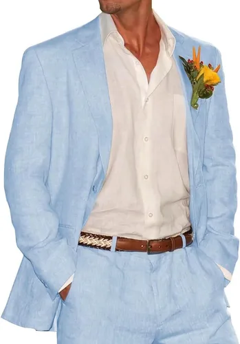 HUUTOE Trajes de lino de 2 piezas para hombre, ajuste delgado, casual, playa, boda, verano, novios, padrinos de boda, blazer de lino, pantalones
