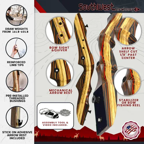 Miniatura 6 de Southwest Archery Tigershark Takedown - Arco recurvo – Versiones estándar y PRO – Arco de caza de 62 pulgadas – zurdo y diestro – Pesos de tracción