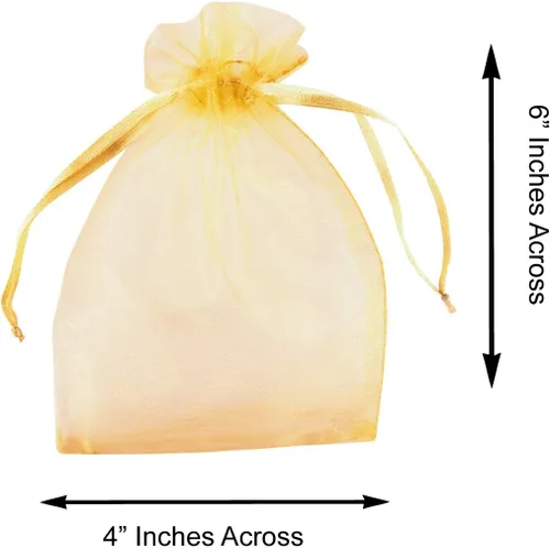 Miniatura 4 de Super Z Outlet Paquete de 100 mini bolsas transparentes de organza transparentes con cordón de 4 x 6 pulgadas, bolsas de joyería para bodas, Dorado