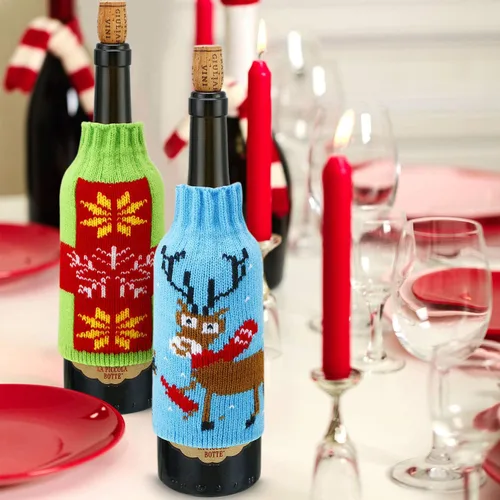 Miniatura 3 de Boao 6 juegos de fundas navideñas para botellas de vino y sombreros, decoración hecha a mano, suéter feo, vestido de botella de vino, vestido