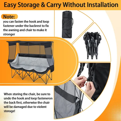 Miniatura 4 de Teenyyou Silla de camping para 3 personas con toldo – Máxima protección solar UV, silla de playa de gran tamaño resistente de 700 libras, sofá Negro