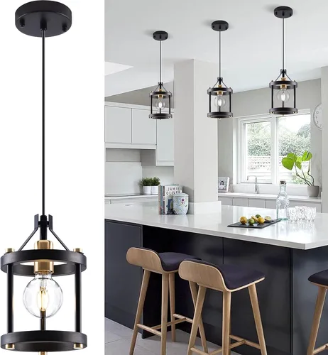 Miniatura 10 de MO&OK Juego de lámparas de araña de 3 luces vintage, lámparas colgantes de metal y madera estilo granja en negro, iluminación colgante de estructura