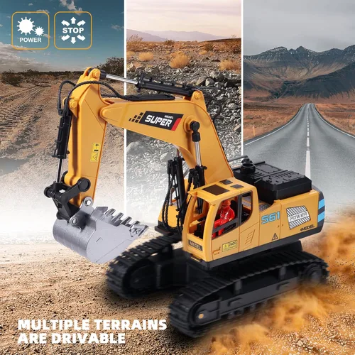 Miniatura 8 de ViRockSign Juguetes de excavadora con control remoto para niños, juguetes de construcción RC de 16 canales con pala de metal y luz, humo simulado