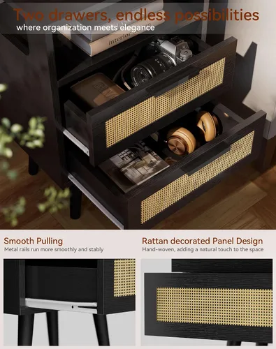 Miniatura 7 de YMYNY Juego de 2 mesitas de noche de ratán, mesa auxiliar bohemia con 2 cajones, estante abierto con diseño arqueado, patas de madera maciza, Negro