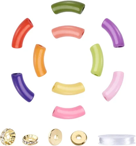 Miniatura 11 de 40 cuentas de tubo de imitación de piedras preciosas acrílicas, coloridas cuentas curvas acrílicas opacas gruesas con cuentas de disco espaciador