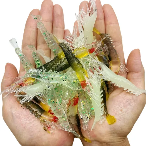 Juego de 30 señuelos de plástico suave para pesca de simulación, juego de señuelos de camarón Lumionous, tamaño universal de 3.2 pulgadas, 1/8 Mixto