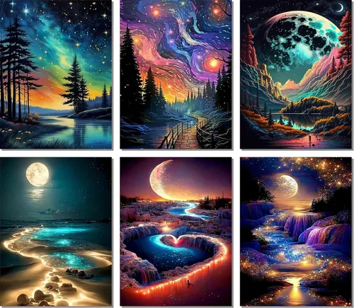 Miniatura 12 de Meothan Paquete de 6 Kits de Pintura de Diamantes Paisaje Lunar Kits de Arte de Diamantes para Adultos Principiantes, Pintura de Taladro Redondo