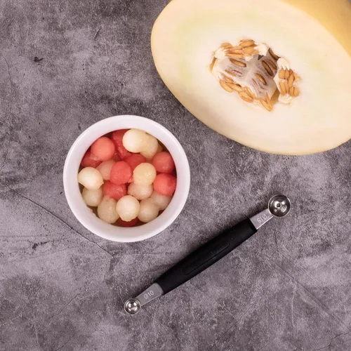 Miniatura 5 de Cat Cora Melon Baller, profesional 18/8 acero inoxidable doble cuchillas 10/0.591 in para bolas de melón y adornos, mango ergonómico de agarre suave