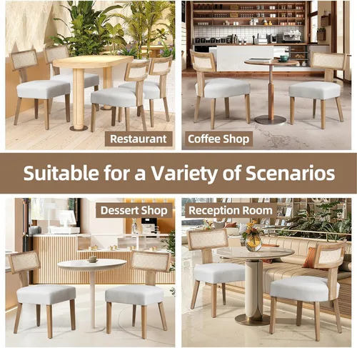 Miniatura 6 de ZJhome Juego de 4 sillas de comedor de ratán modernas de mediados de siglo, sillas decorativas tapizadas de lino con respaldo curvo, marco de madera