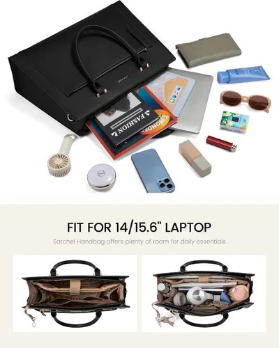 Miniatura 5 de LOVEVOOK Bolsa para laptop para mujer, bolsa de cuero de 15.6 pulgadas con soporte para tazas y embrague desmontable, maletín profesional Negro