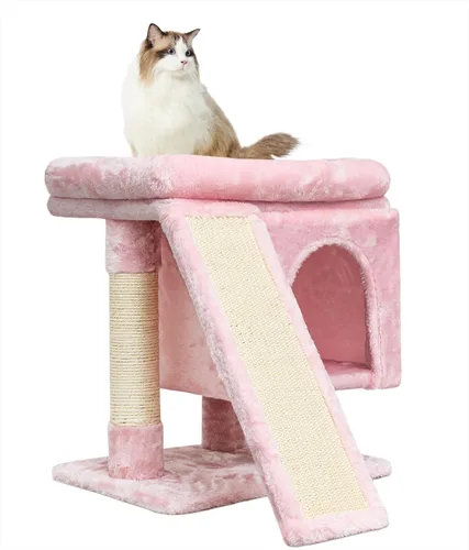 Miniatura 13 de SYANDLVY Árbol pequeño para gatos grandes de interior, condominio para gatitos con poste rascador y tabla, torre de actividades moderna con cueva
