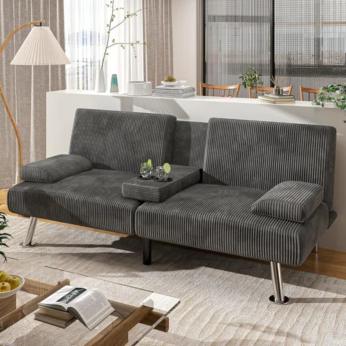 Miniatura 8 de Shahoo - Sofá moderno tapizado, futón convertible plegable con reposabrazos removibles, patas de metal, 2 portavasos para sala de estar, beige