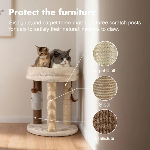 Miniatura 3 de MECOOL Árbol pequeño para gatos 4en1, poste rascador con torre, cama suave, alfombra de sisal, postes de yute con tres juguetes de bola colgante