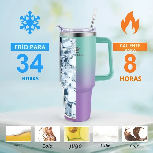 Miniatura 4 de Vaso de 40 onzas con asa y tapa con popote, taza de café de viaje 100% a prueba de fugas, taza aislada de acero inoxidable para bebidas frías