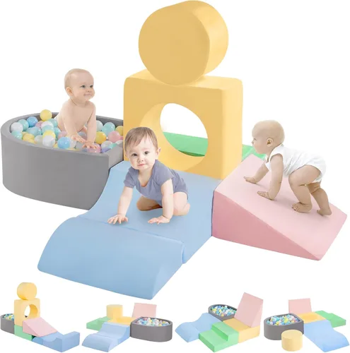 CAMELUS Juguetes de escalada para niños de 1 año, bloques de espuma para bebés con piscina de pelotas para niños pequeños, juego de 6 piezas de