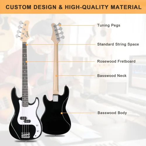 Miniatura 2 de GLARRY Kit para principiantes de bajo eléctrico de tamaño completo, 4 cuerdas, exquisito bajo de tilo con amplificador de 20 W, cable, correa, bolsa