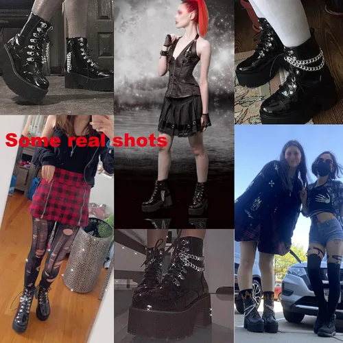 Miniatura 5 de CYNLLIO - Botas estilo combate de moda al tobillo de mujer, plataforma en bloque con cordones y tachas, botas de motocicleta a mitad