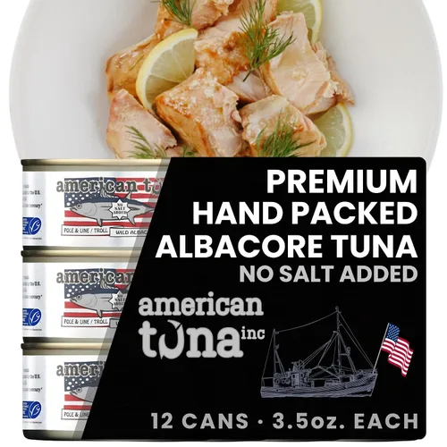 American Tuna Pescado de atún blanco silvestre capturado en poste de grado sushi, sin sal añadida, (12) latas de 3.5 onzas | Cosechado de forma