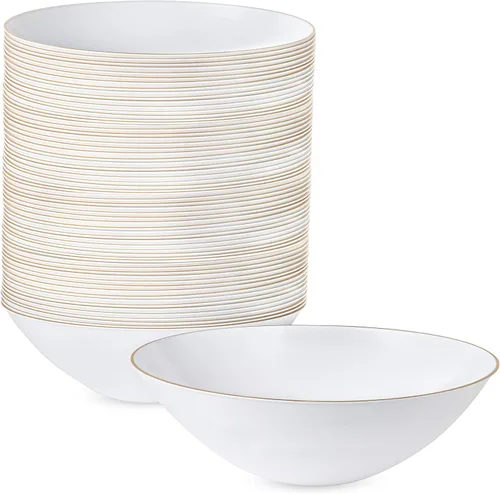 Miniatura 6 de [6 onzas, 40 unidades] Tazones de postre de plástico blanco orgánico para fiesta cuenco de helado con borde dorado Premium pesado elegante vajilla