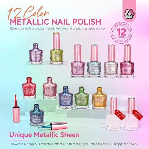 Miniatura 6 de SAVILAND Esmalte de uñas metálico con base y capa superior: Juego de esmalte de uñas cromado de 12+2 colores, con brillo espejo, holográfico, Cromo